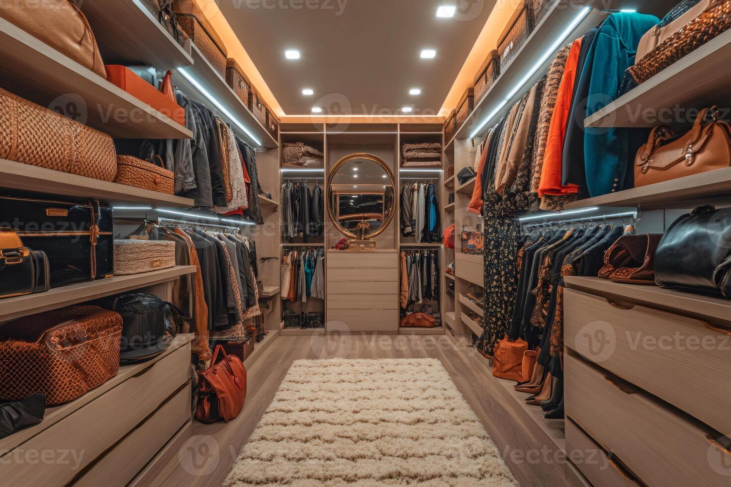 Modern walk in closet boasting stylish clothes, bags, and shoes photo