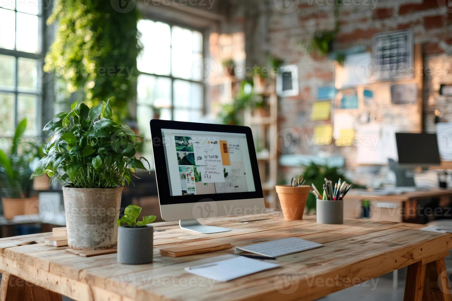 Modern office interior design with computer showing creative project on screen photo