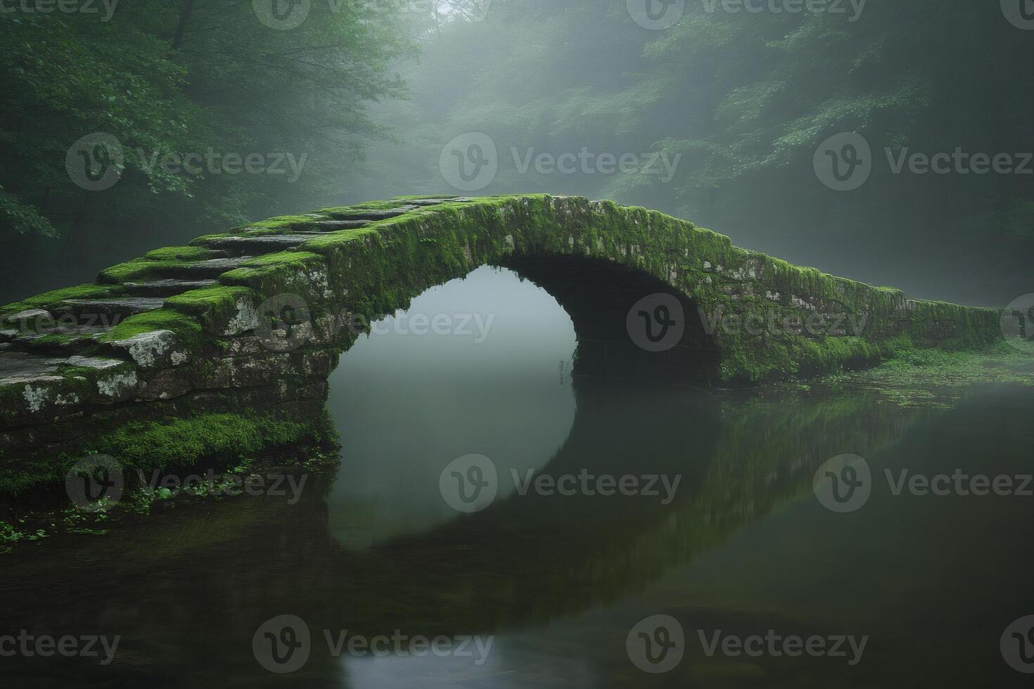 Mossy stone bridge reflected in the calm waters of a misty forest river photo