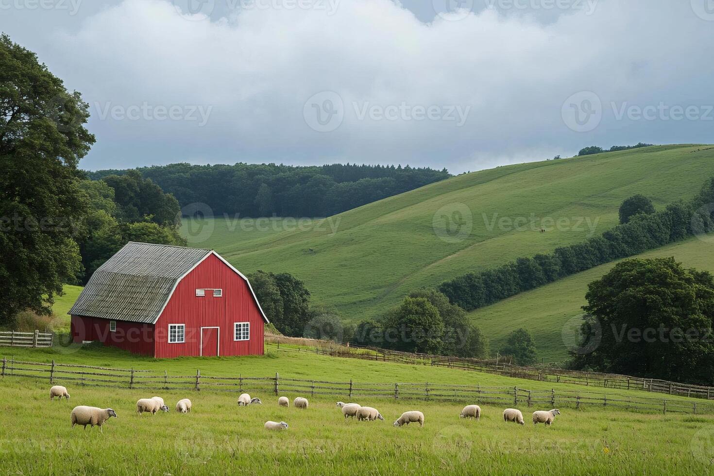 Sheep grazing in green field near red barn and rolling hills photo