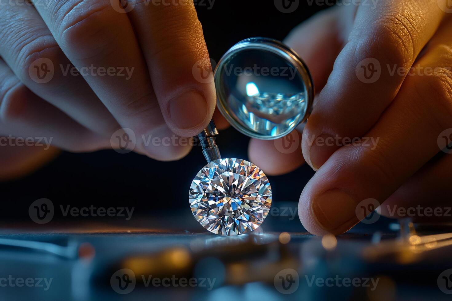 Jeweler carefully examining large diamond with magnifying glass photo