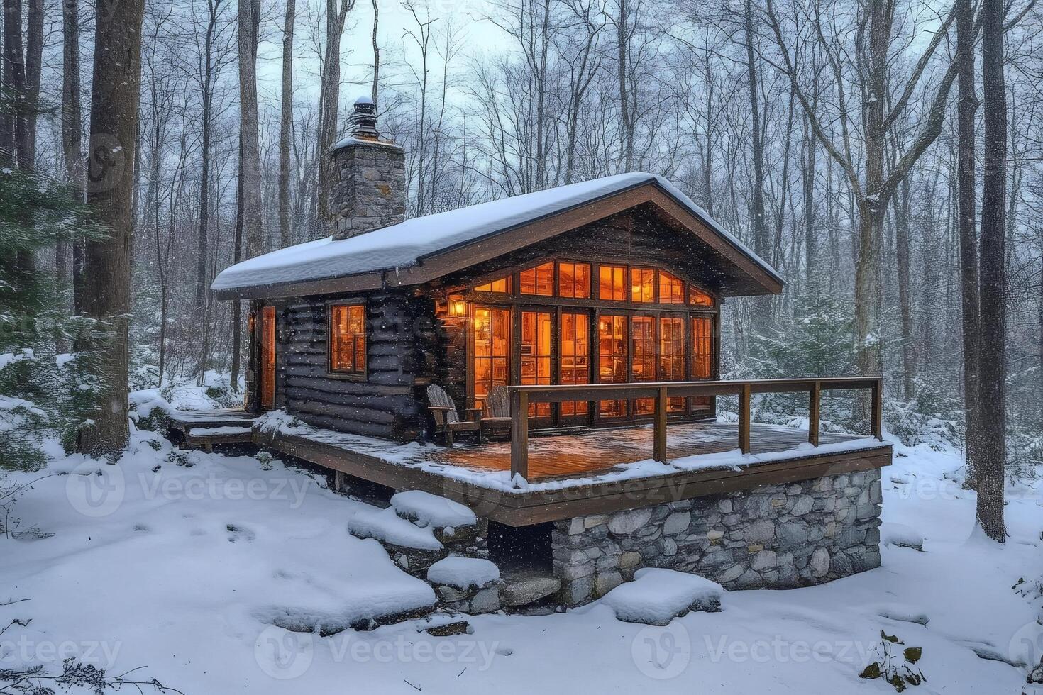 Cozy log cabin glowing in snowy woods at dusk photo
