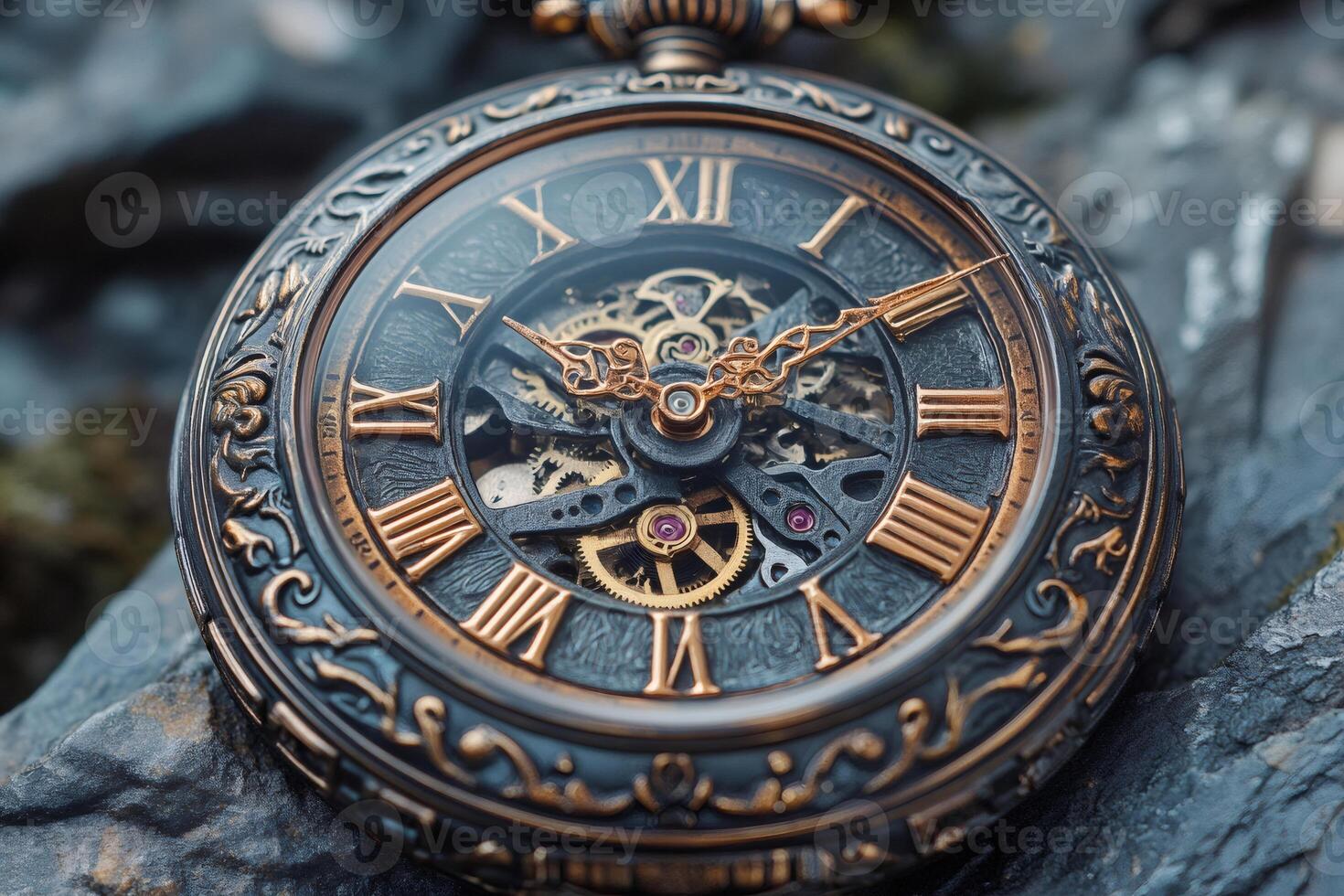 Vintage pocket watch showing intricate mechanism and roman numerals photo