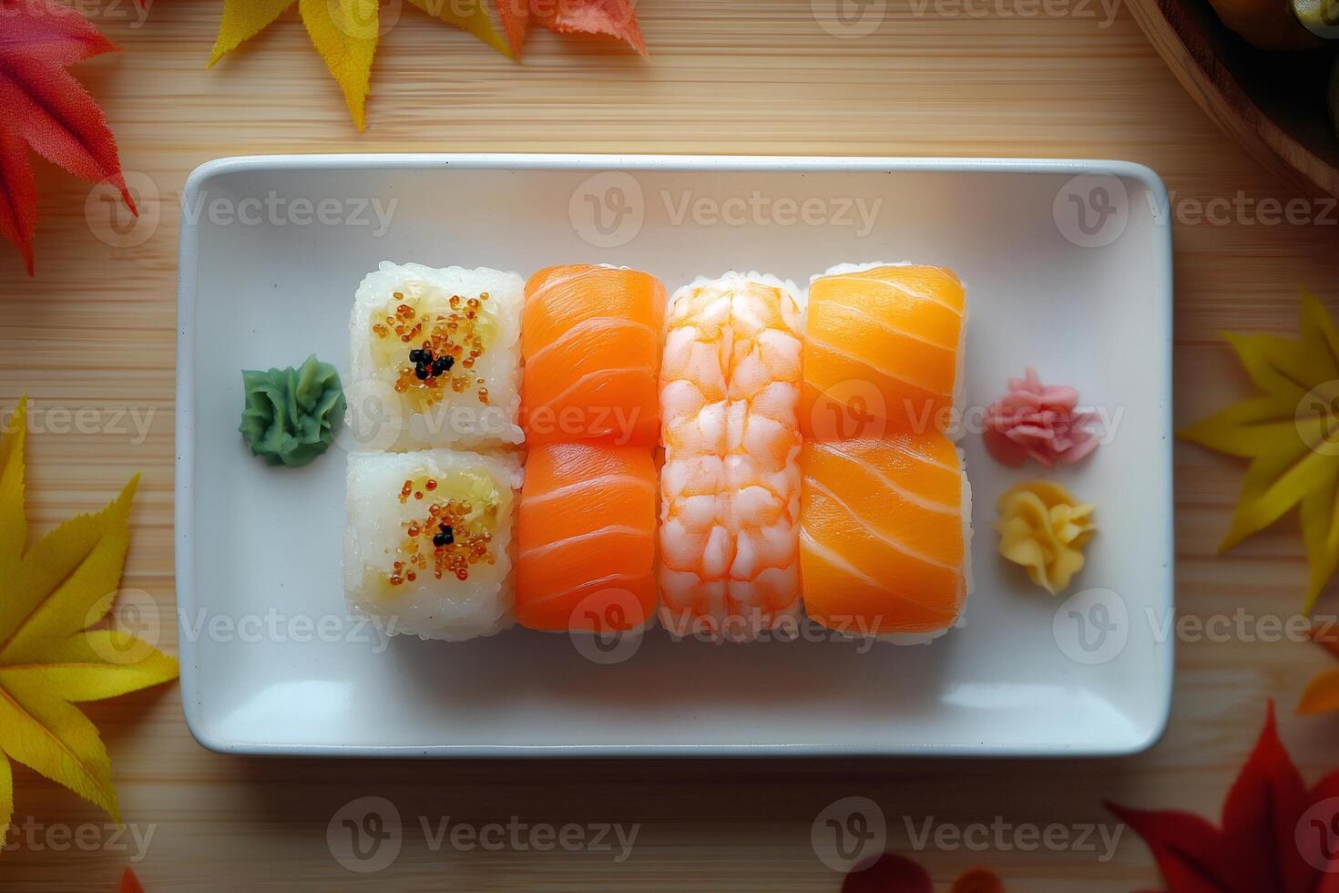 Delicious sushi selection with salmon and shrimp on a white plate with autumn leaves decoration photo
