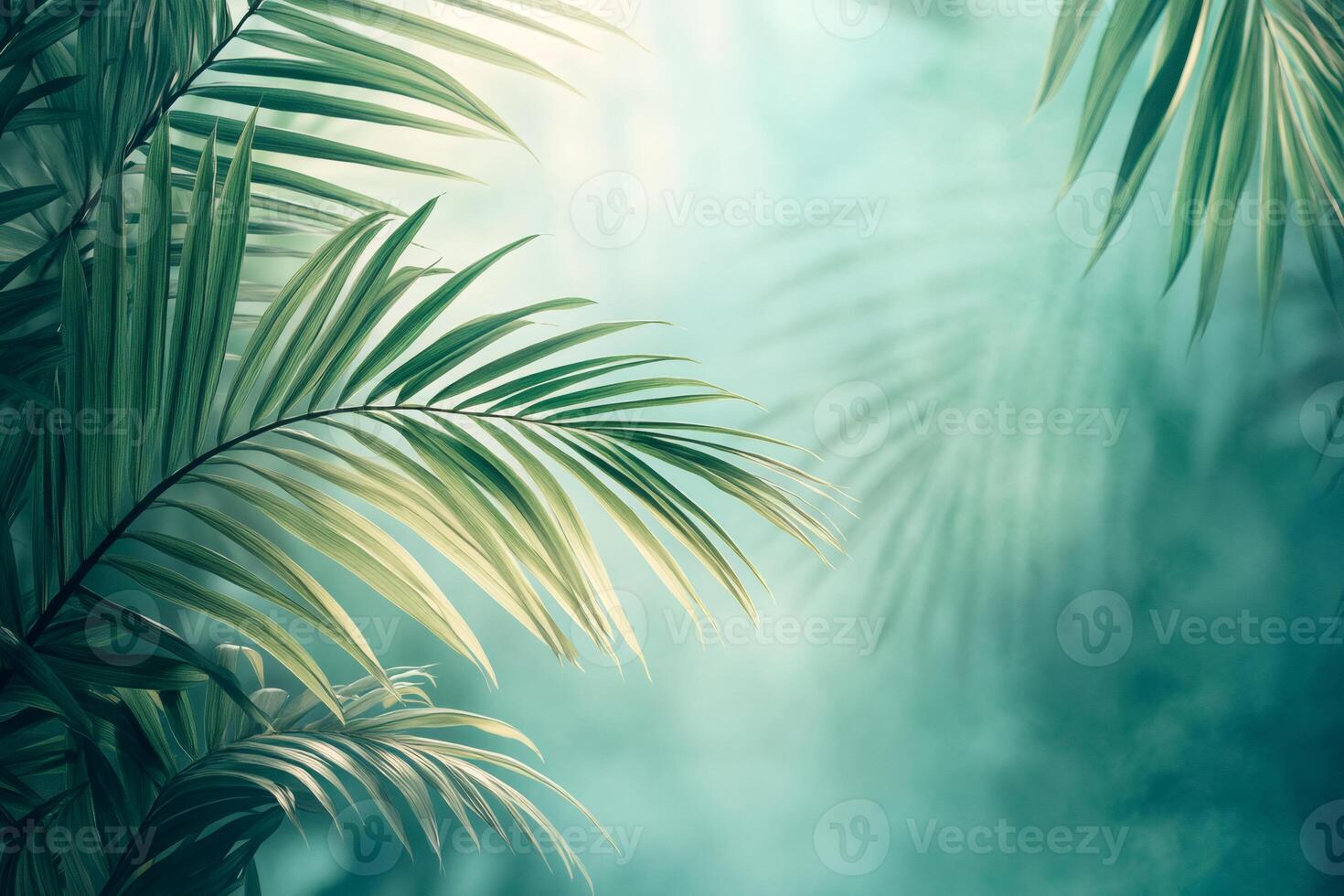 Tropical palm leaves swaying in gentle breeze creating relaxing blurred background photo