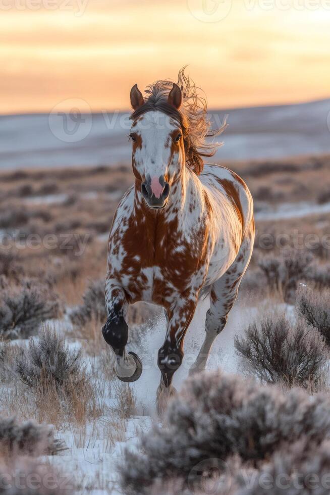 Spotted horse running in snowy field at sunset photo