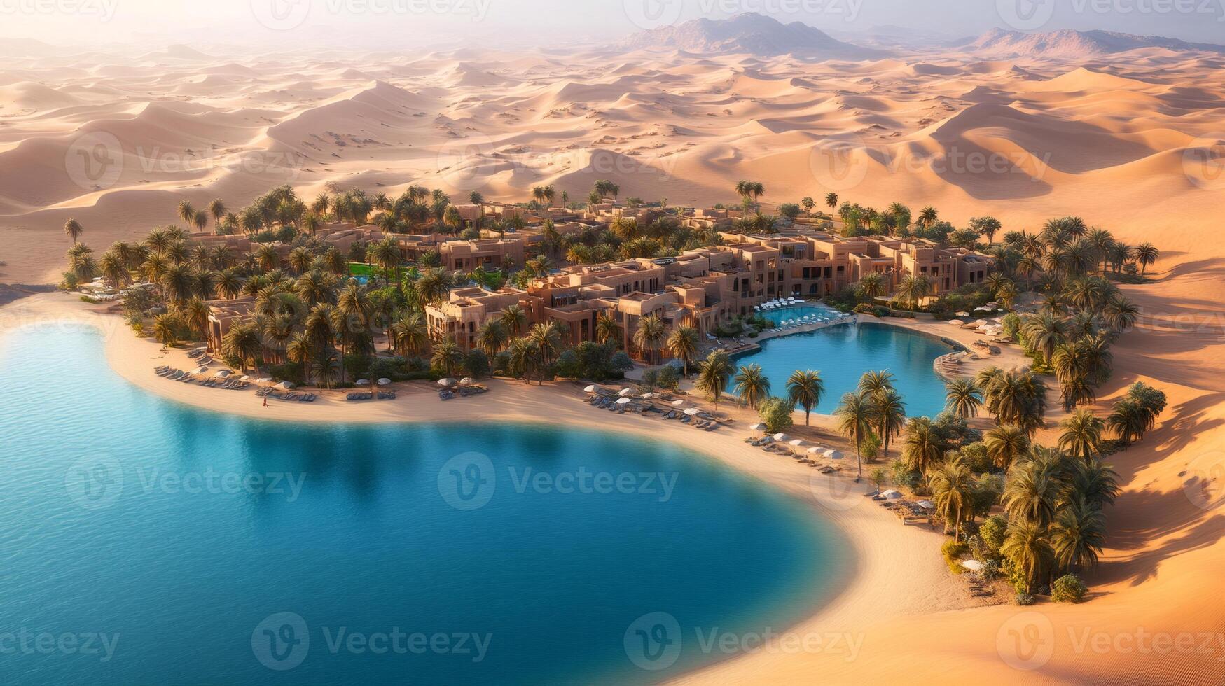 Luxurious hotel resort with swimming pool emerging from the sand dunes in the desert photo