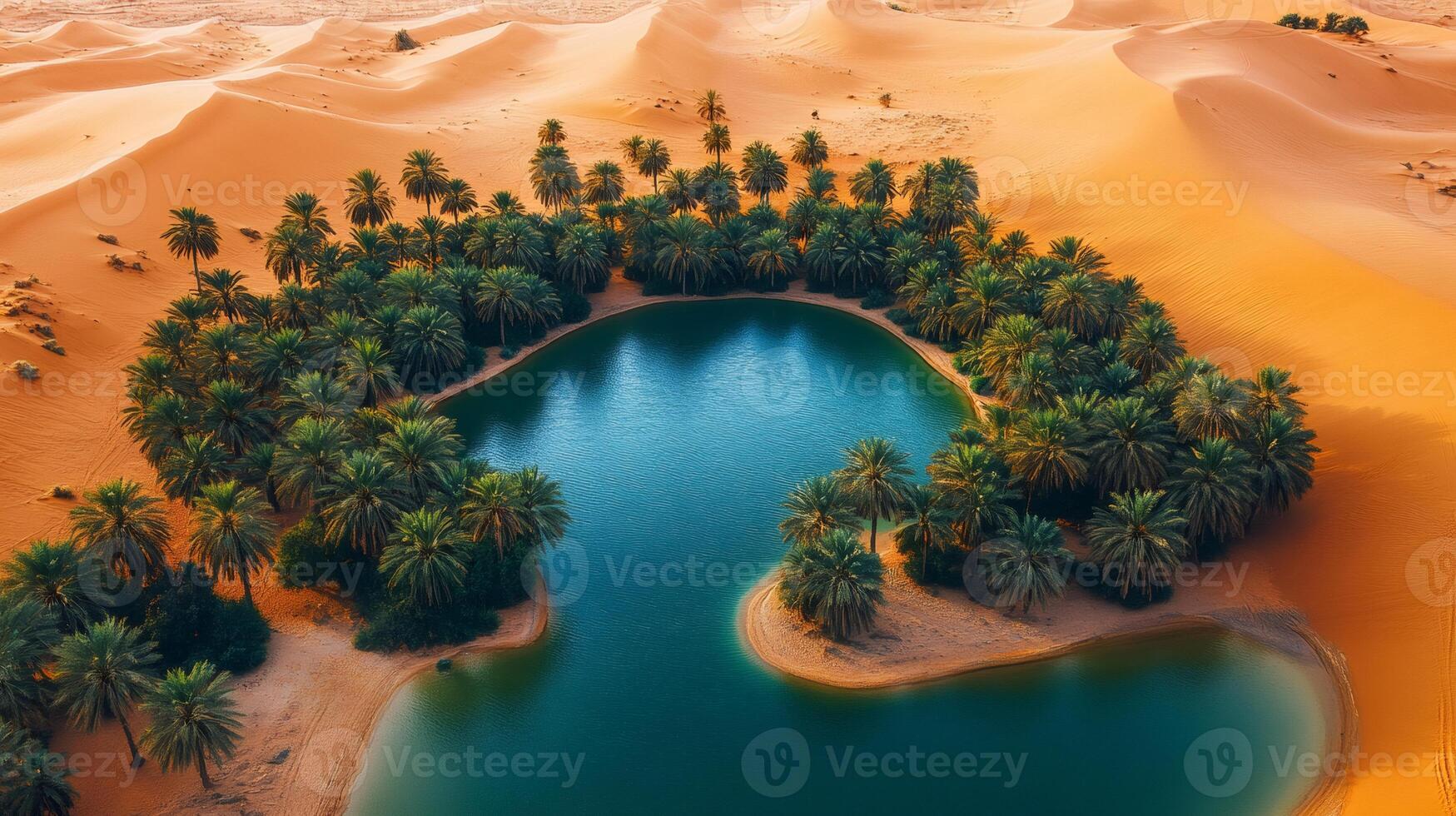 Oasis mirroring palm trees in the heart of liwa desert, abu dhabi, united arab emirates photo
