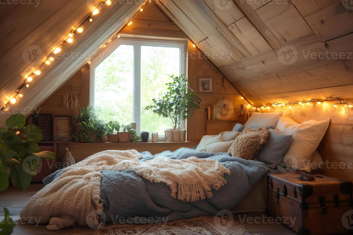 Cozy attic bedroom interior with fairy lights and plants creating relaxing atmosphere photo
