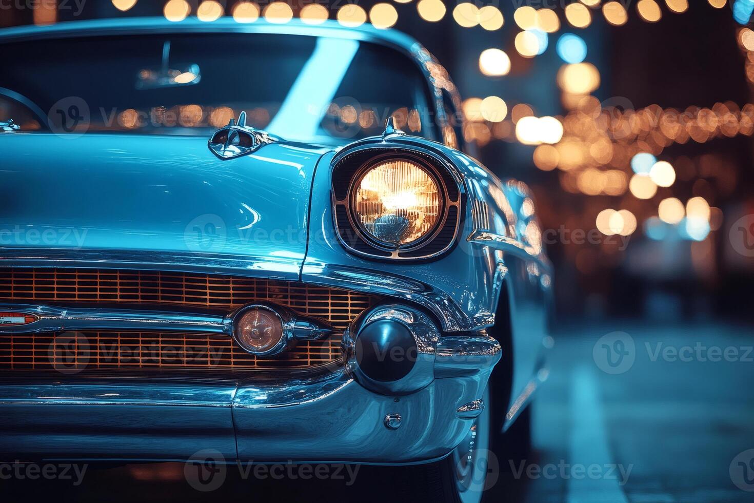 Classic blue car parked on city street at night, lights reflecting on chrome photo