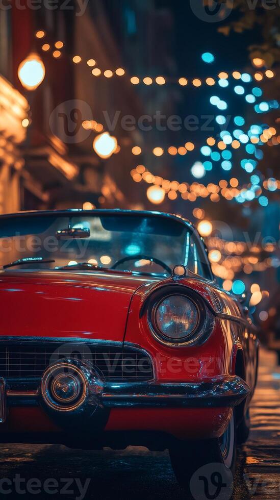 Red convertible car parked under string lights at night photo