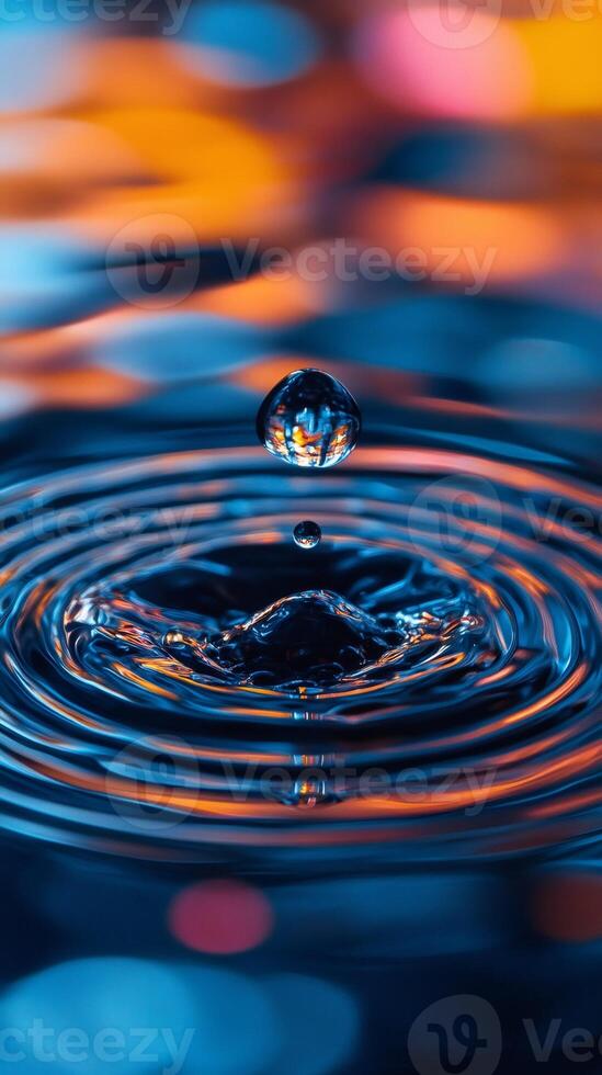 Water drop creating concentric ripples on colorful surface photo