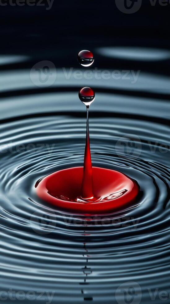 Red water droplet splashing and creating concentric ripples photo