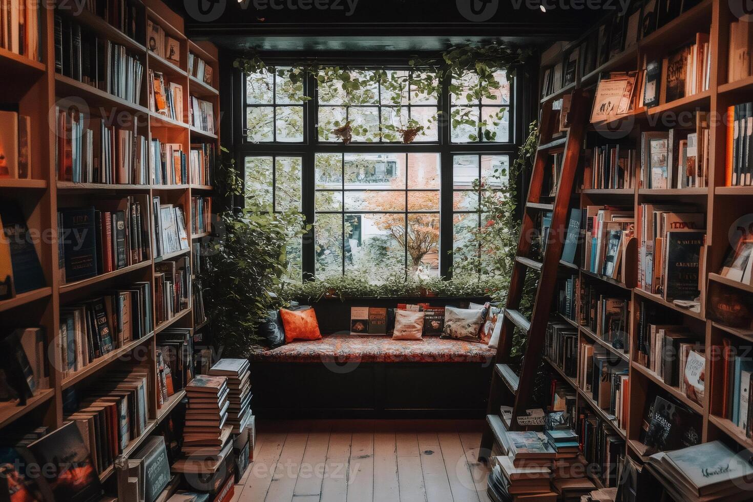 Cozy reading nook overlooking tranquil garden in bookstore or library photo