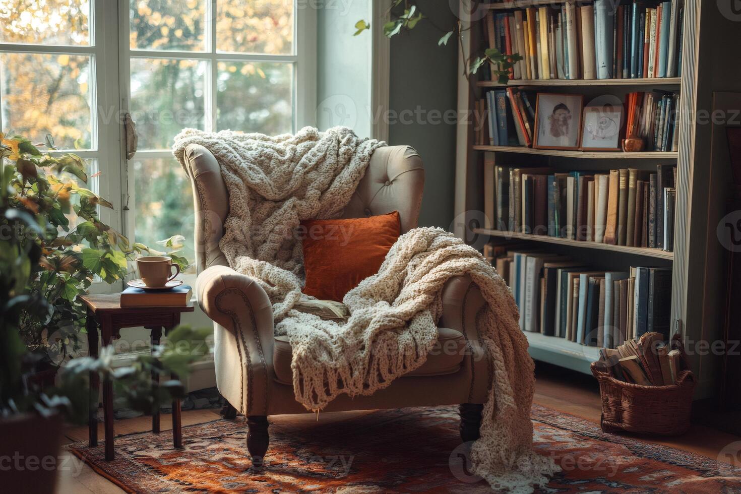 Cozy reading nook invites relaxation with warm blanket and books by window photo