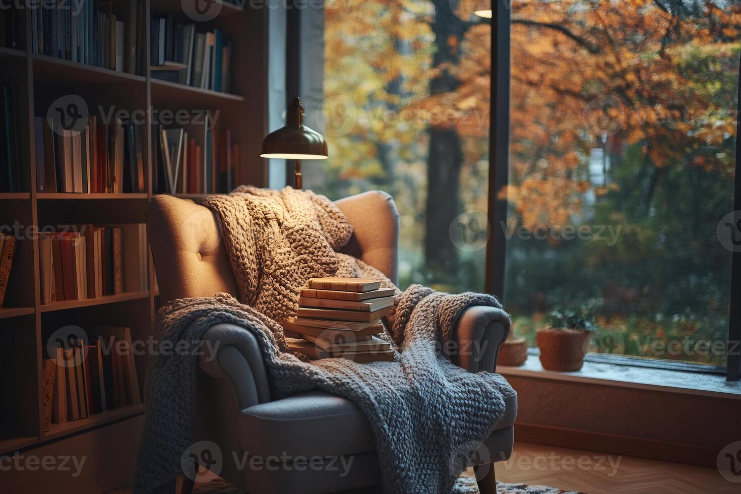 Cozy reading nook overlooking autumn scenery with books and warm blanket photo