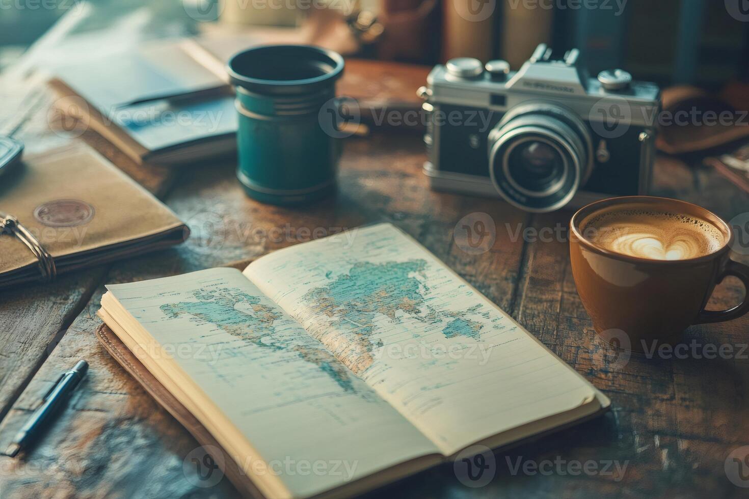 Traveler planning next trip with world map, coffee and camera on wooden table photo