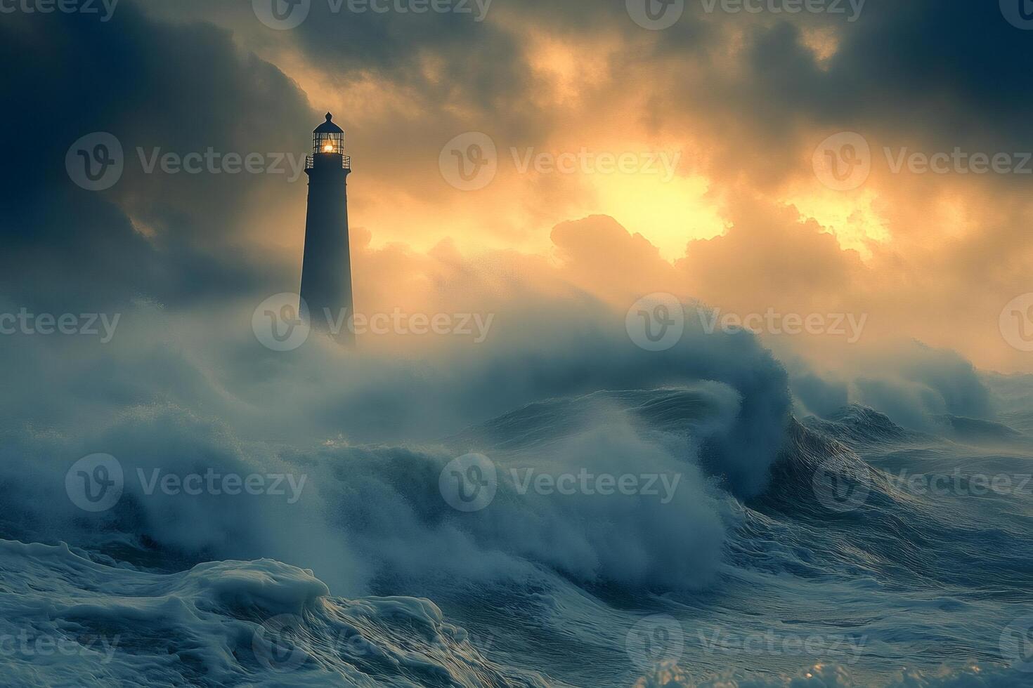 Lighthouse shining through stormy ocean waves at sunset photo