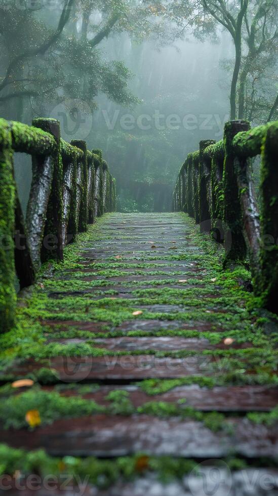 Mossy wooden bridge leading into foggy forest photo