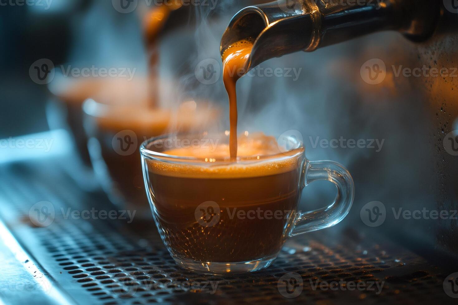 Coffee machine pouring espresso into glass cup, close up of freshly brewed coffee photo