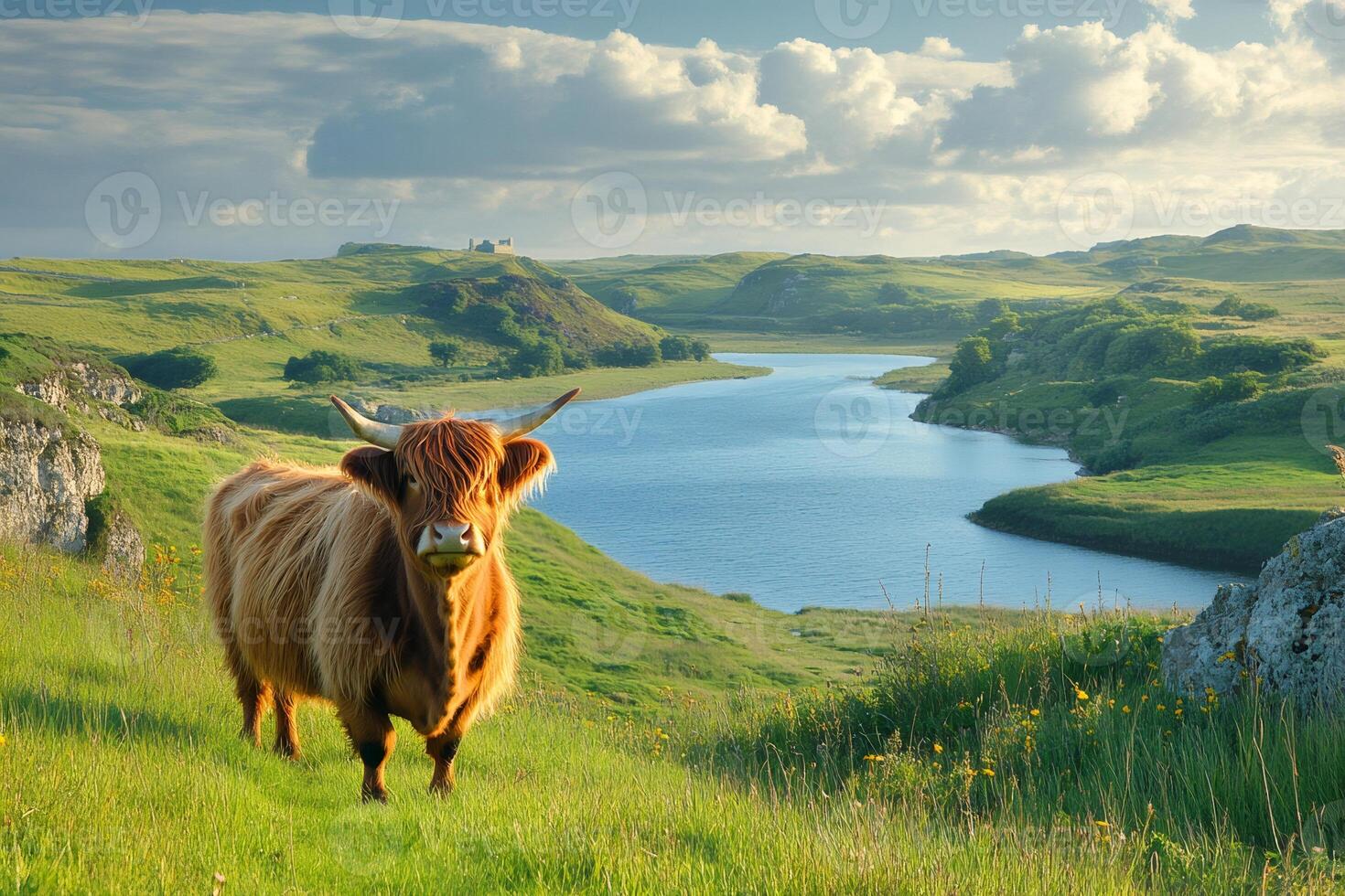 Highland cow enjoying the scottish landscape near a lake photo