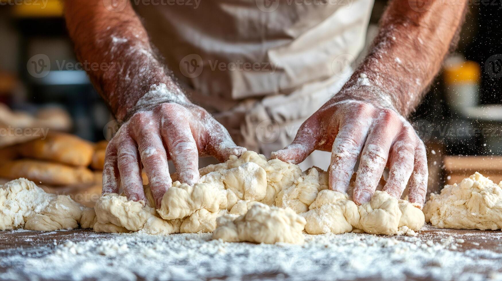 Baker kneading dough on floured wooden table in bakery photo
