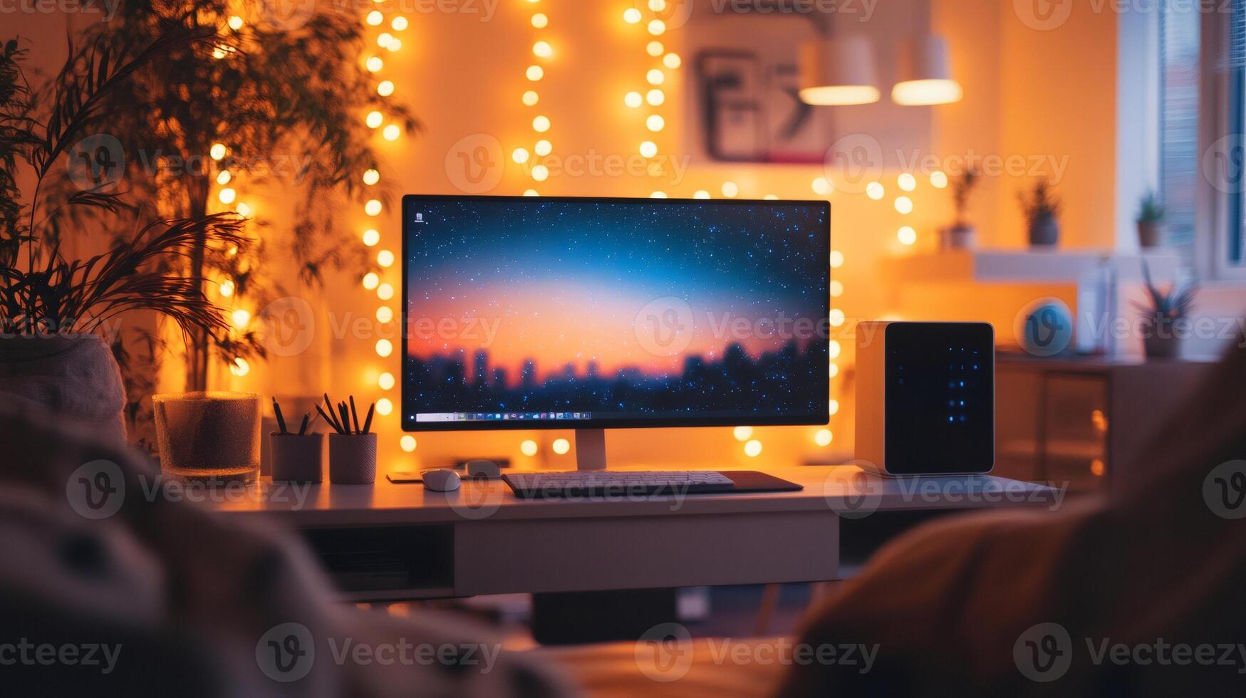 Cozy home office setup with computer displaying starry night sky over city skyline photo