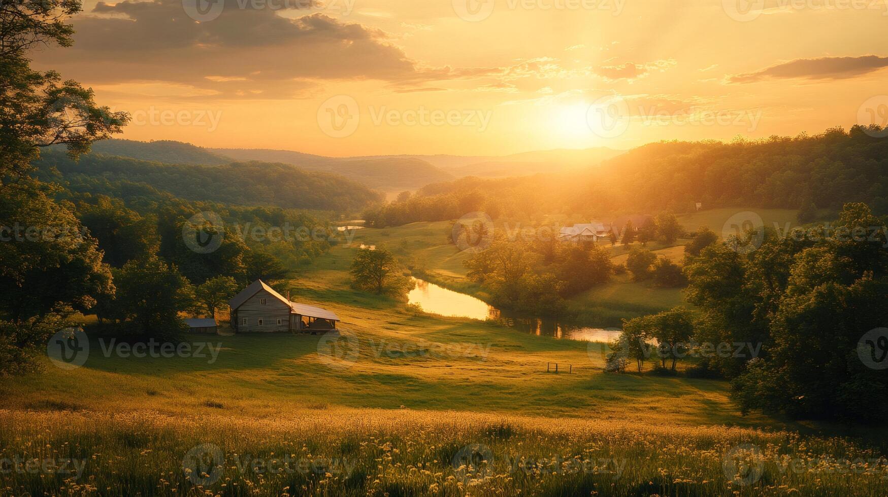 Serene landscape at sunset with farms, river, and golden light photo