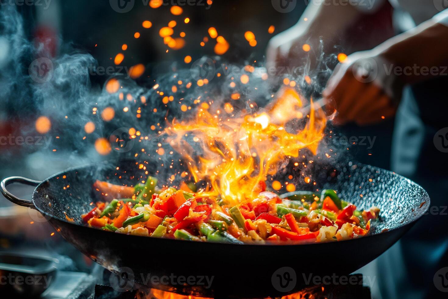 Chef cooking vegetables in wok with flames and sparks in restaurant kitchen photo