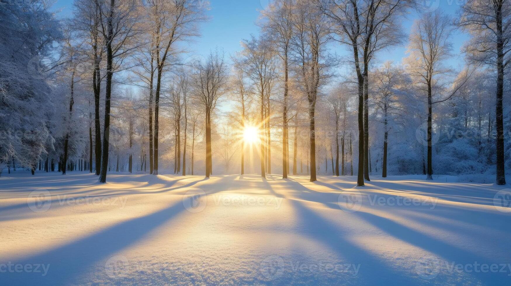 Bright sunrise illuminating snowy woods in winter photo