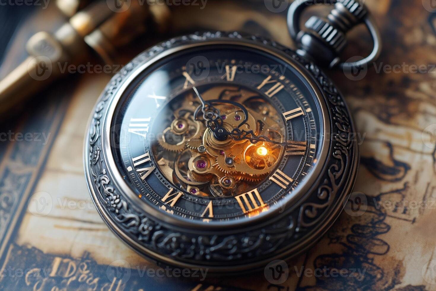 Vintage pocket watch showing its intricate mechanism on antique document photo