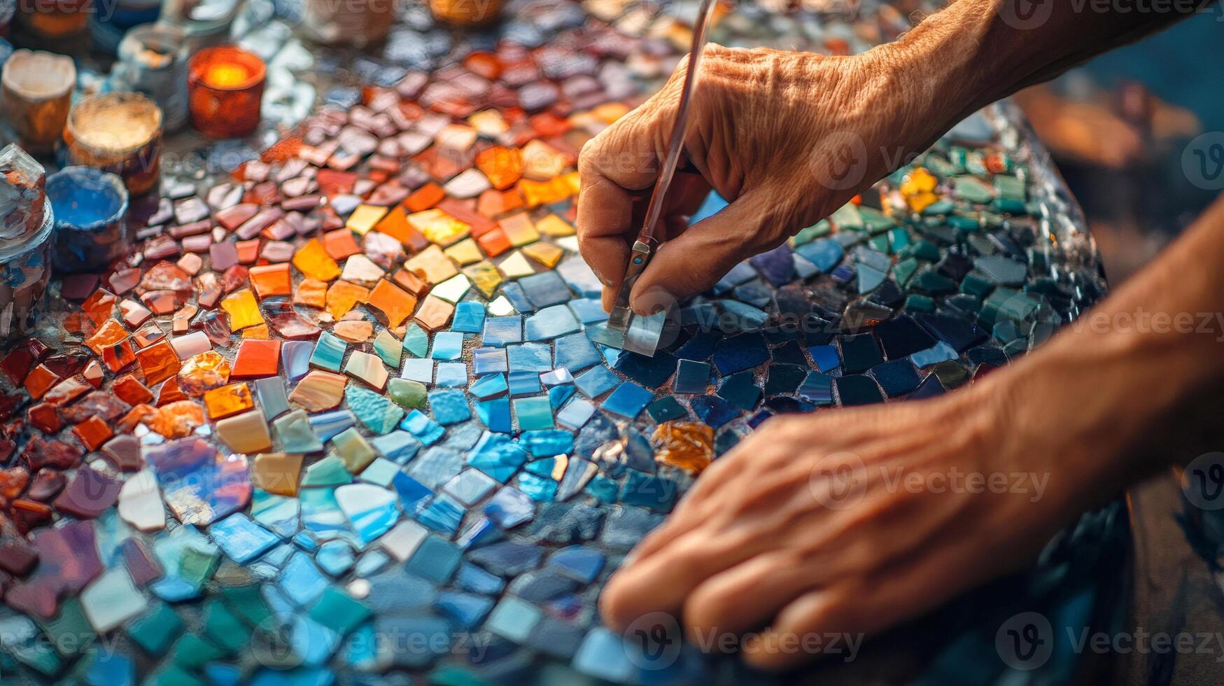 Artist placing colorful mosaic tiles, creating a vibrant piece of art photo