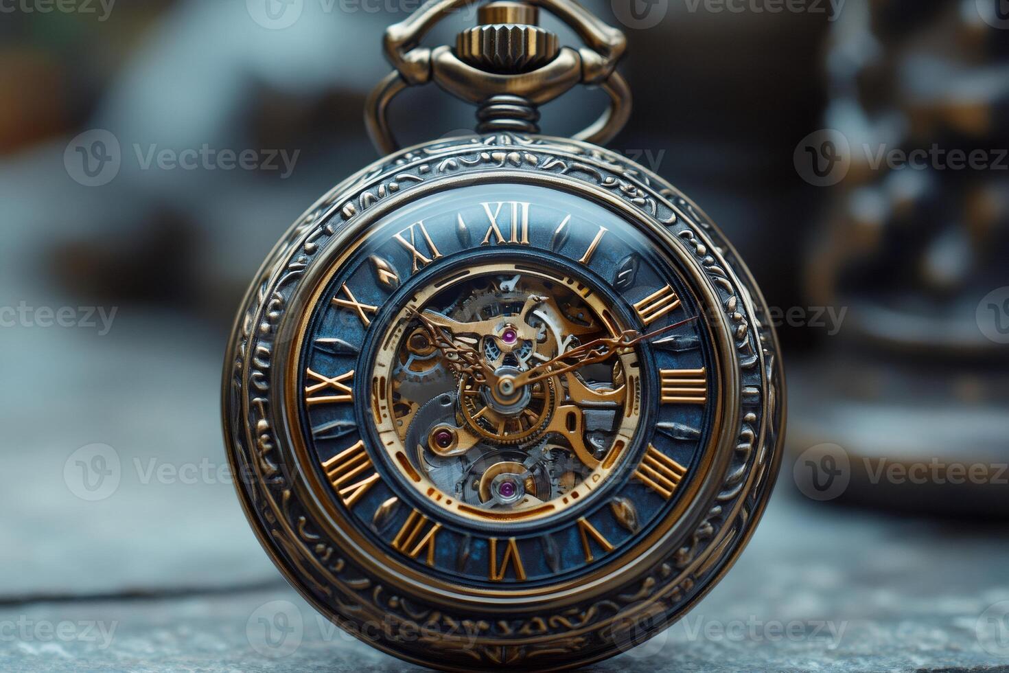 Elegant pocket watch showing its intricate mechanism and roman numerals photo