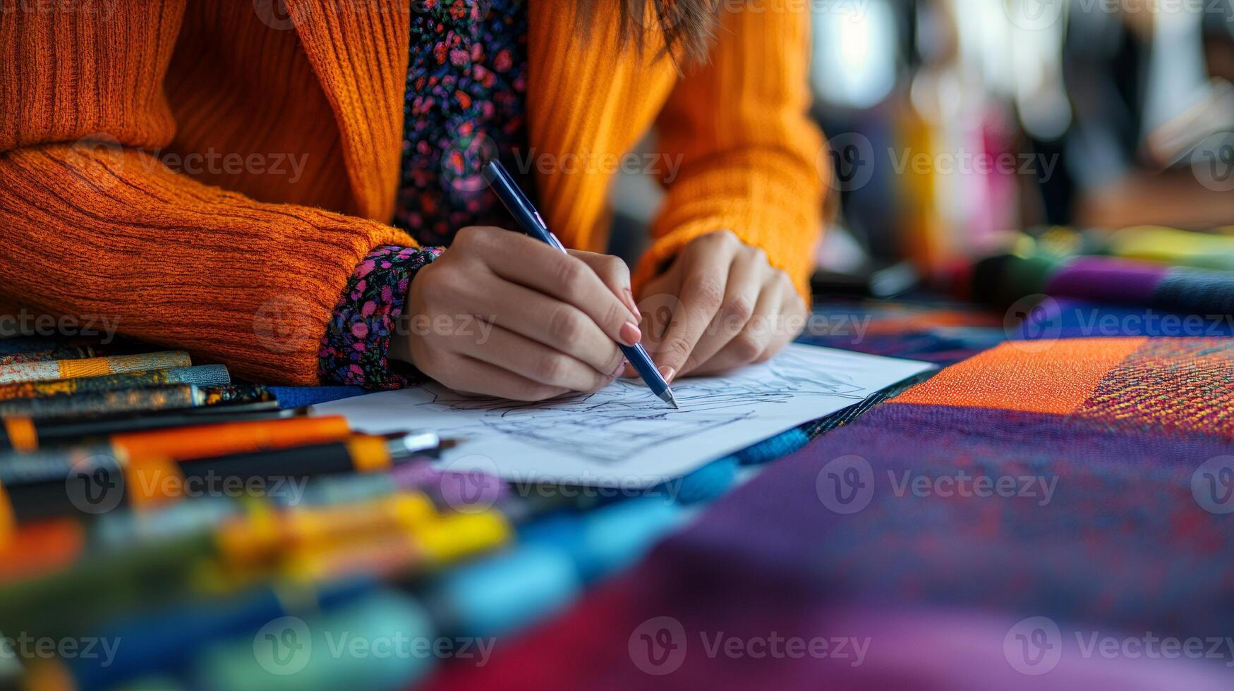 Fashion designer drawing sketches of new clothes with colorful fabrics photo
