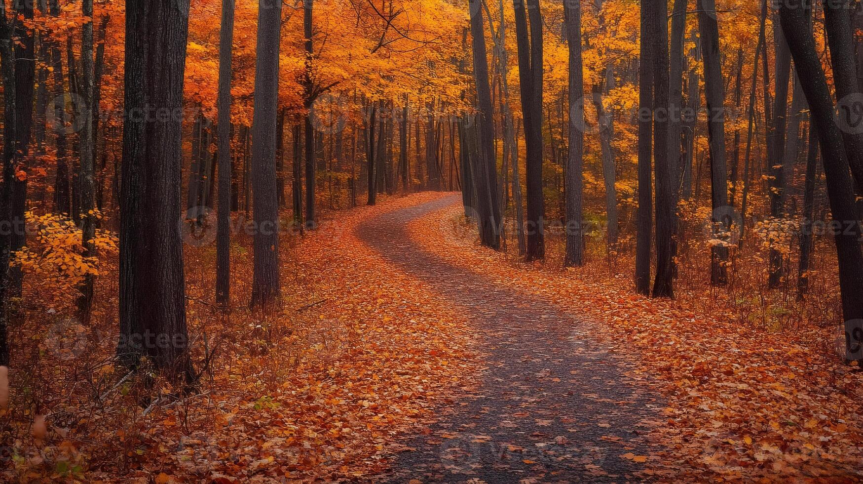 Winding path covered with fallen leaves in autumn forest photo