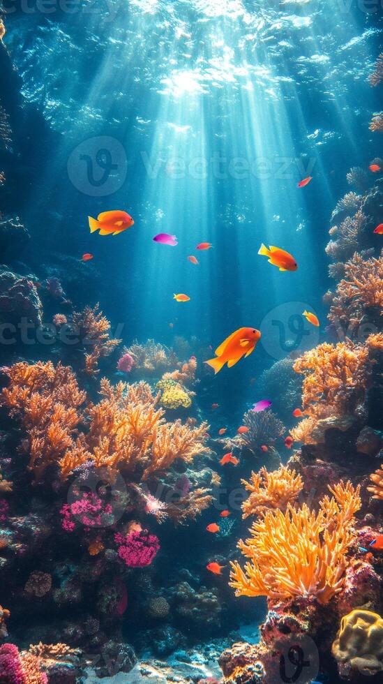 Sunlight illuminating colorful coral reef and tropical fish swimming in the ocean photo
