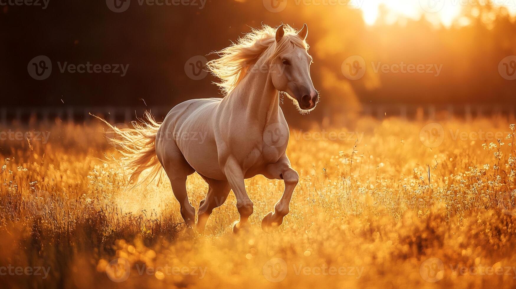 White horse running in golden meadow at sunset photo