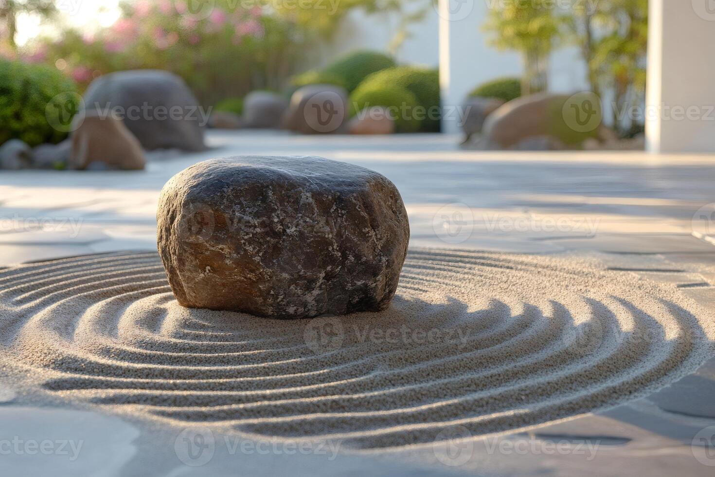 Stone resting on concentric circles in a serene zen garden photo