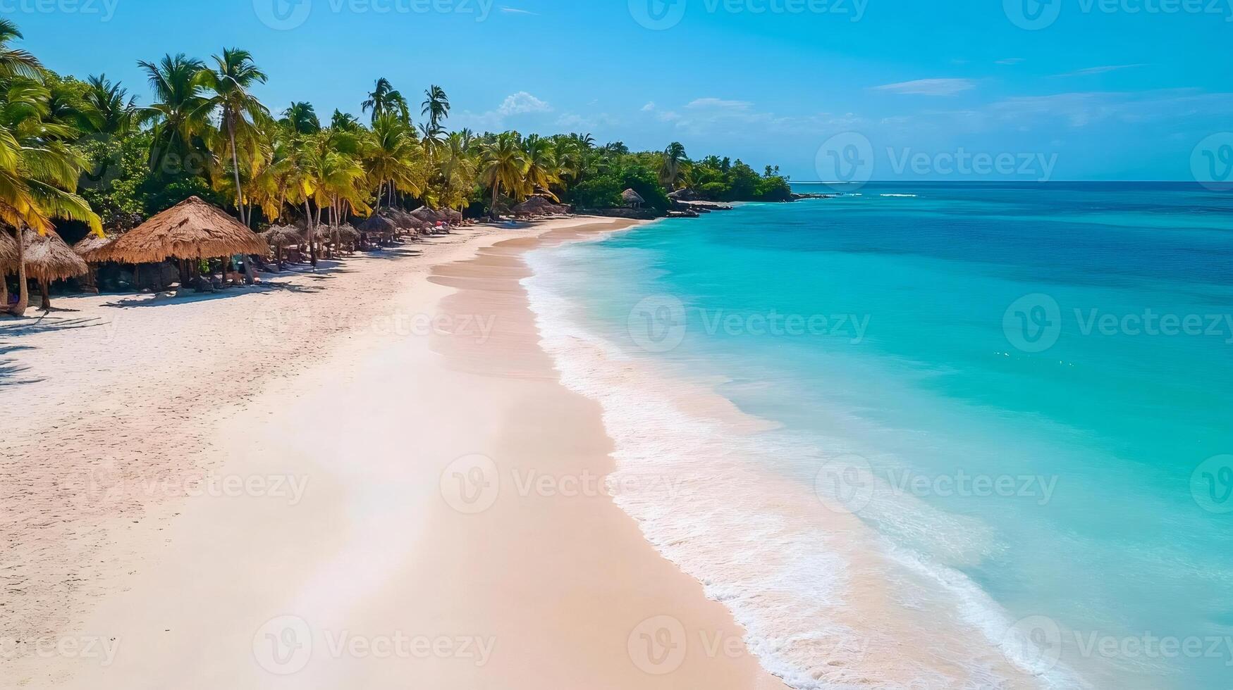 Tropical beach with white sand, palm trees, and turquoise water creating idyllic caribbean landscape photo