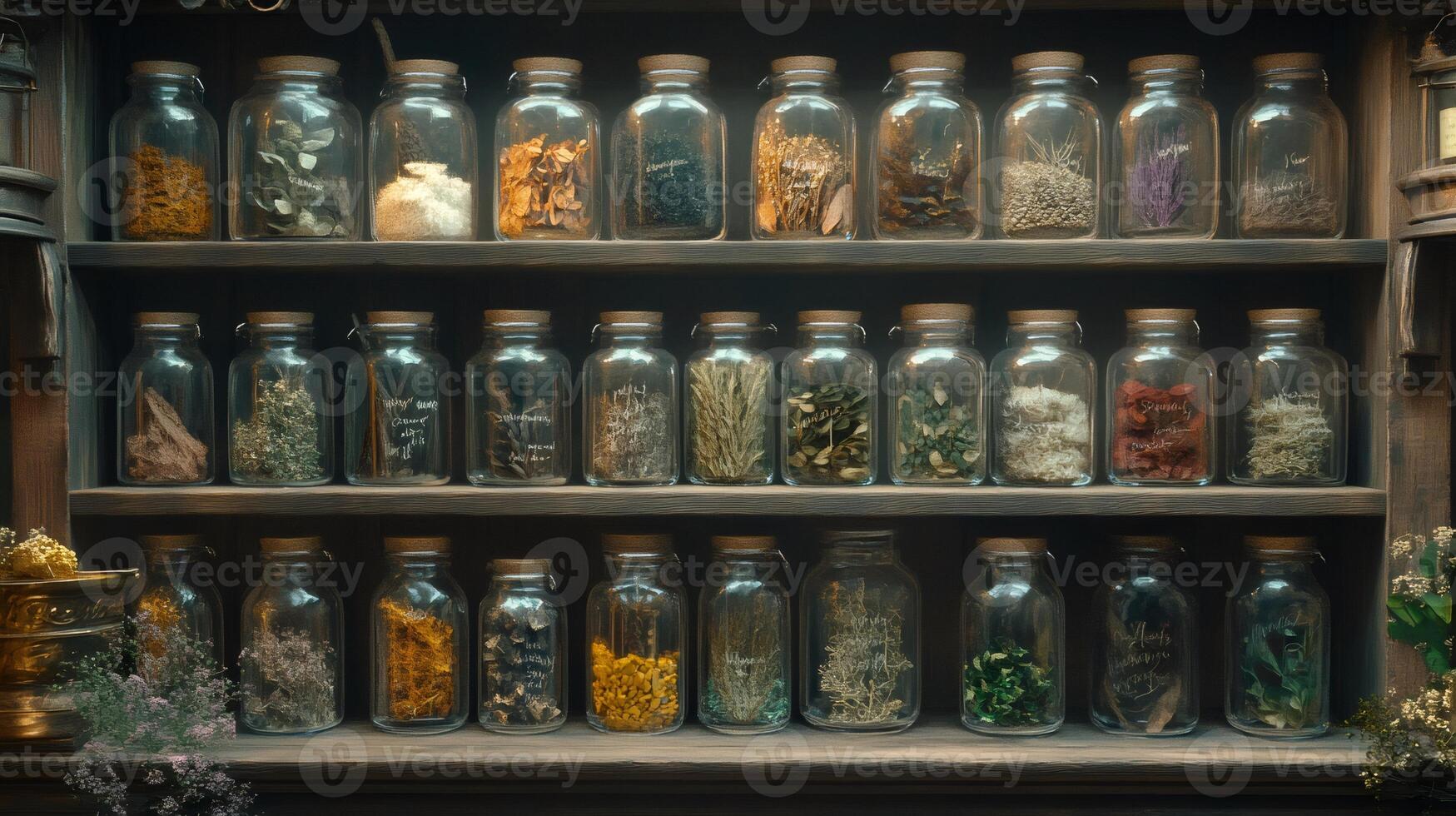 Apothecary displaying glass jars with dried herbs and ingredients photo