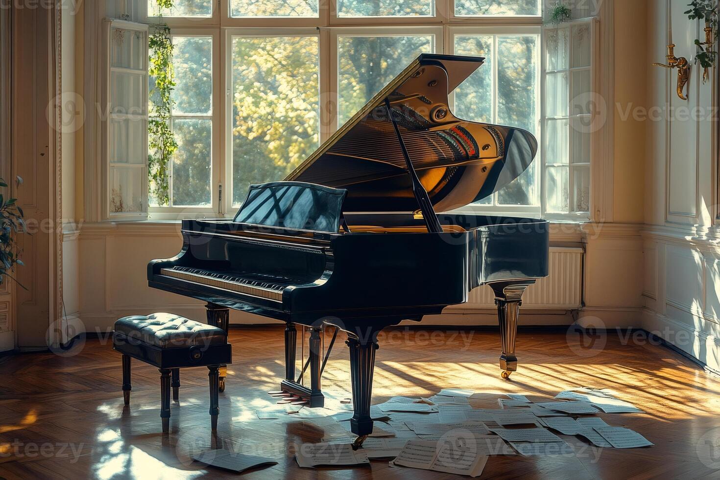 Black grand piano with open lid and scattered sheet music in elegant room photo