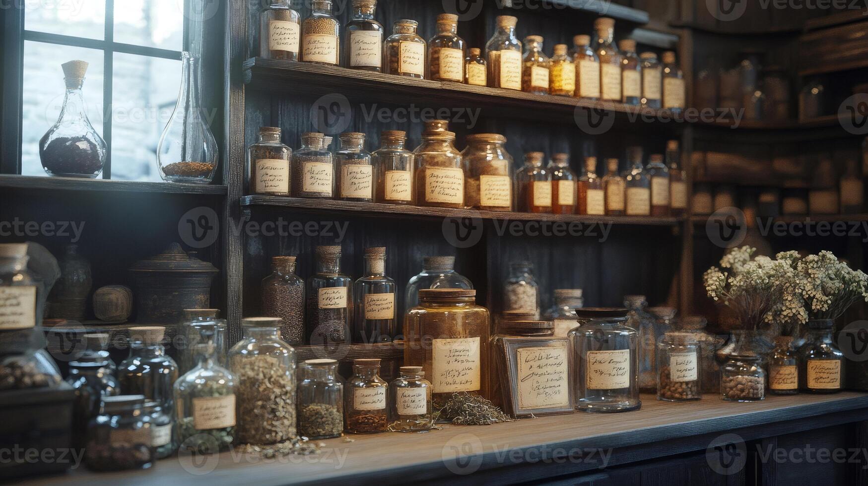 Apothecary preparing herbal remedies and potions in vintage jars photo
