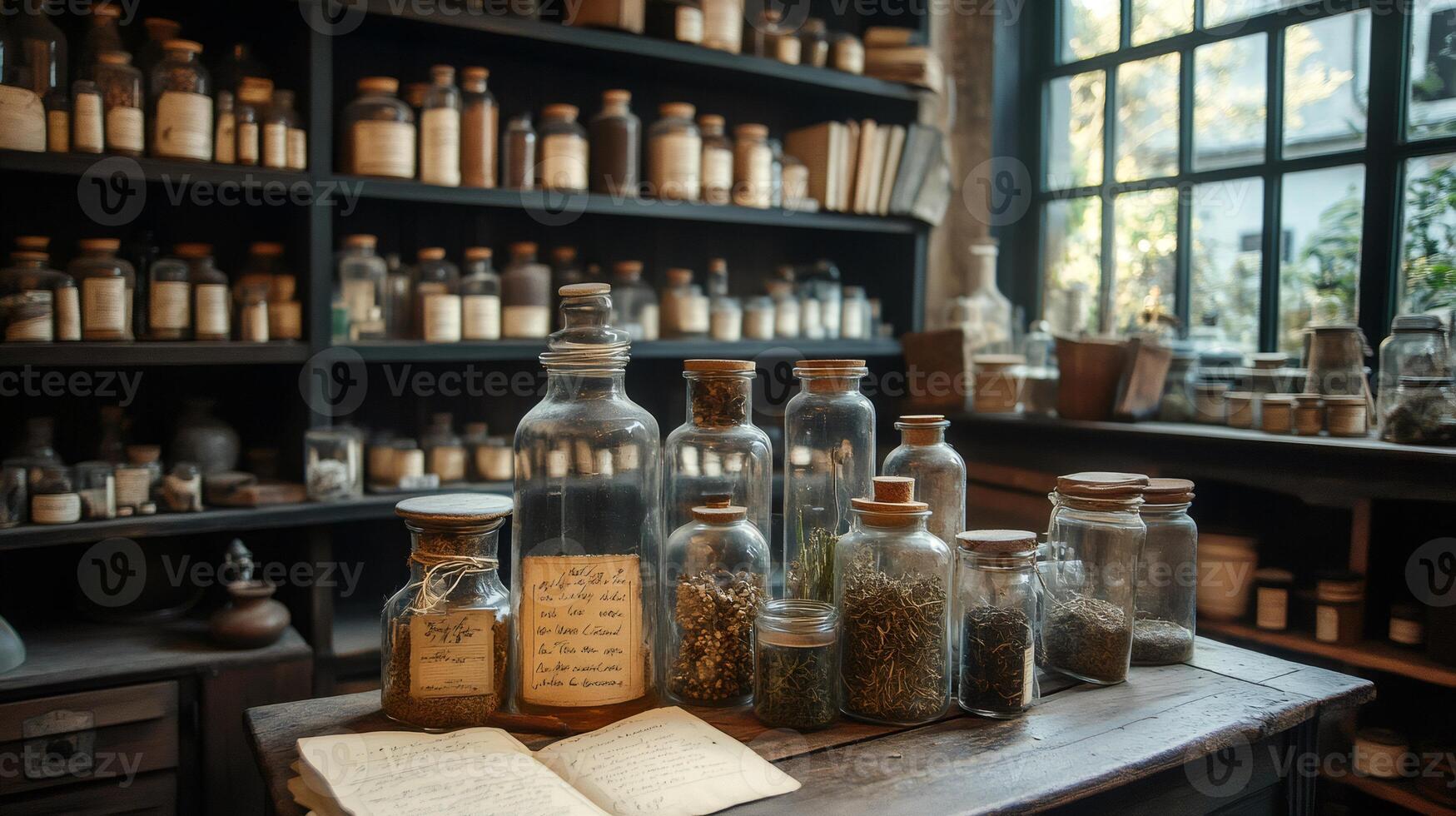 Antique pharmacy displaying glass jars with dried herbs and open recipe book photo