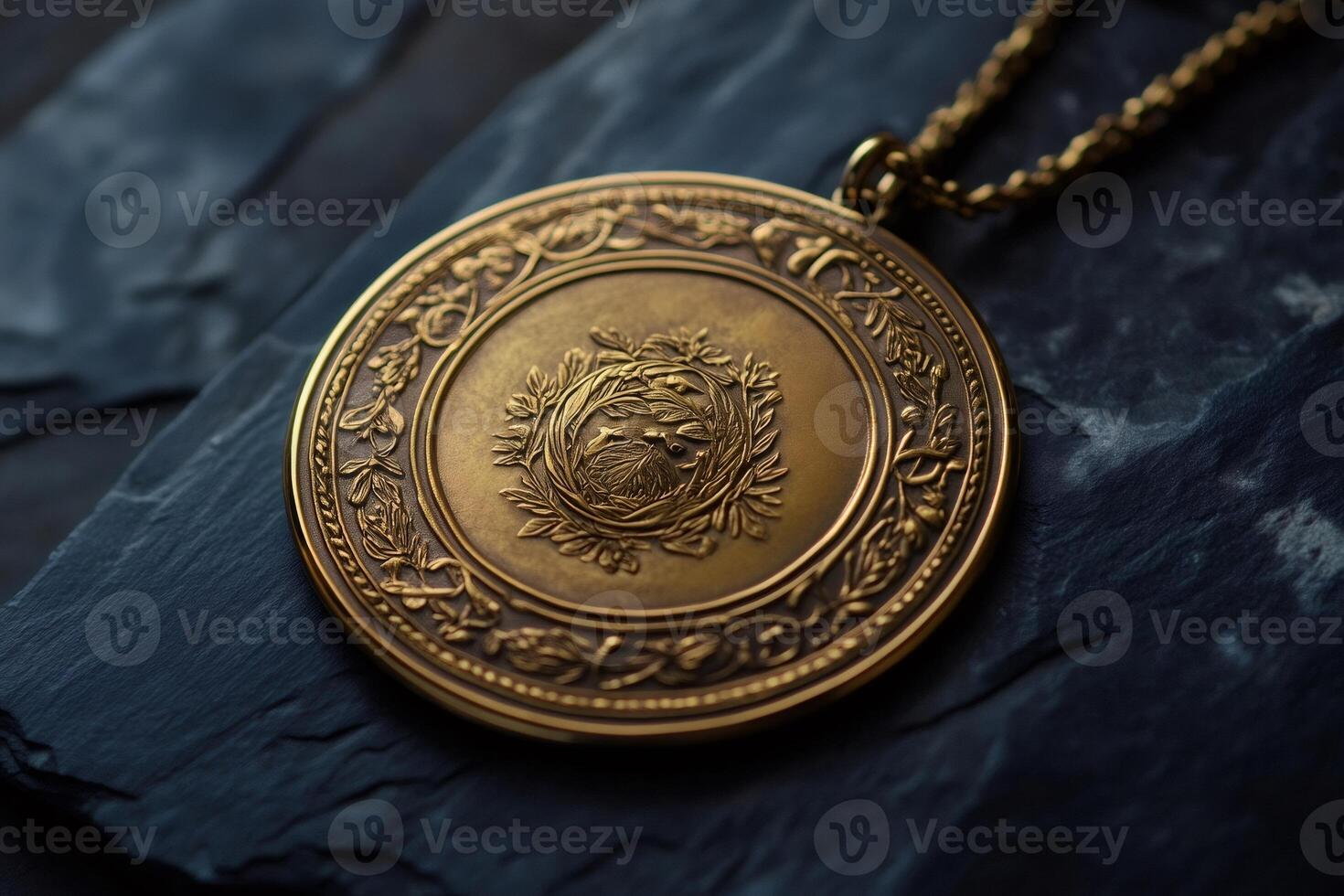 Golden medallion resting on dark stone surface with intricate floral design photo