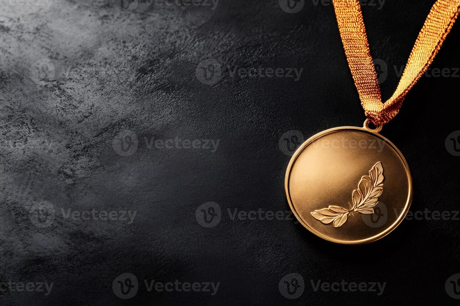 Gold medal award lying on black textured surface representing victory photo