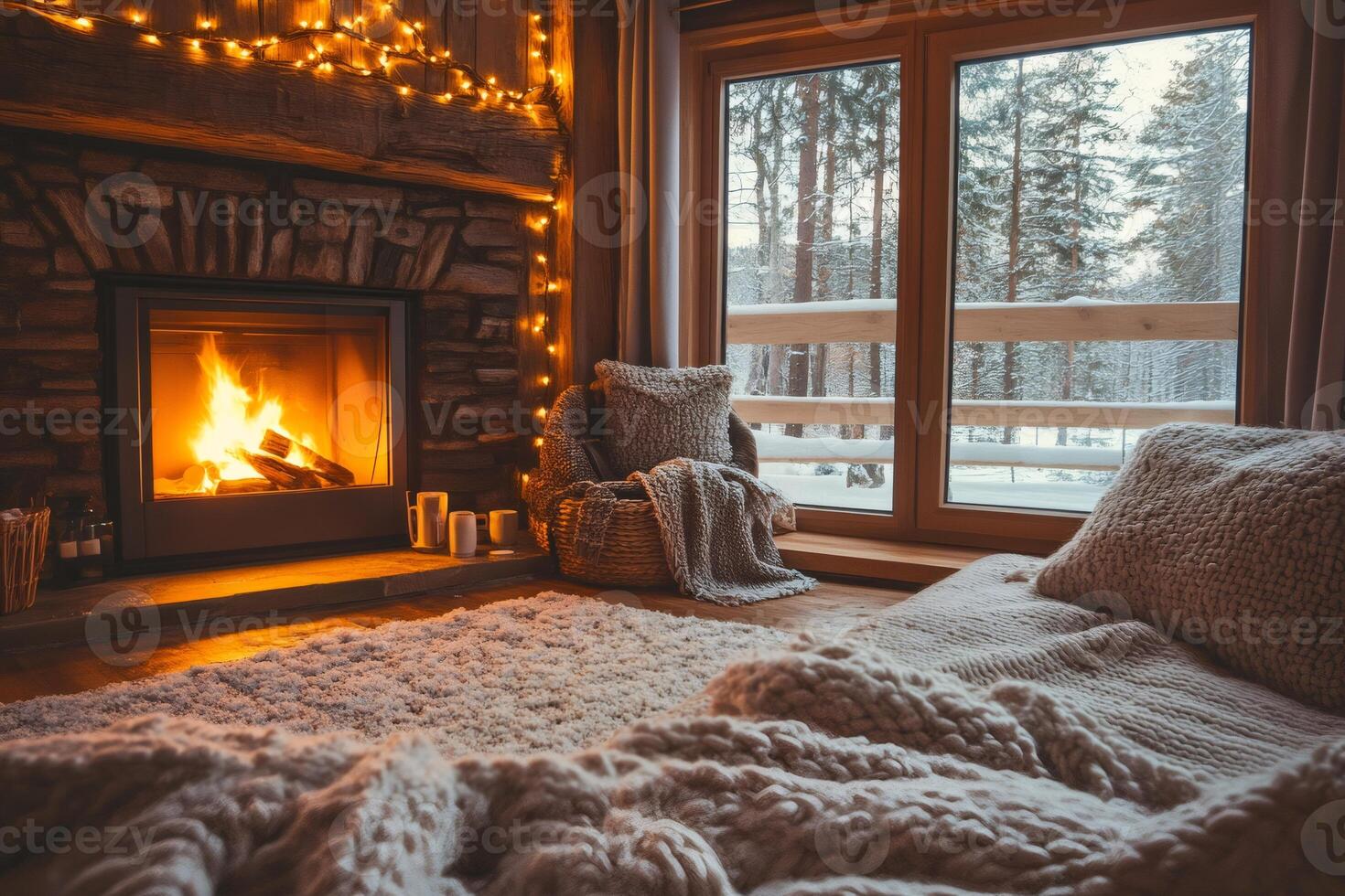 Burning fireplace warming cozy living room in winter chalet .. photo