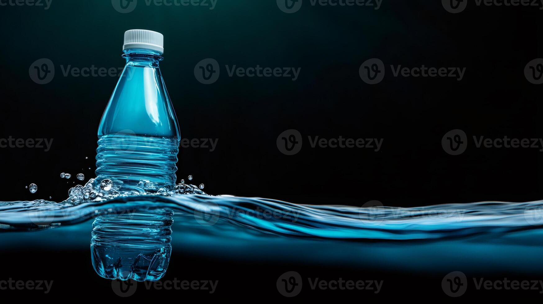Plastic water bottle floating in clean water with air bubbles photo