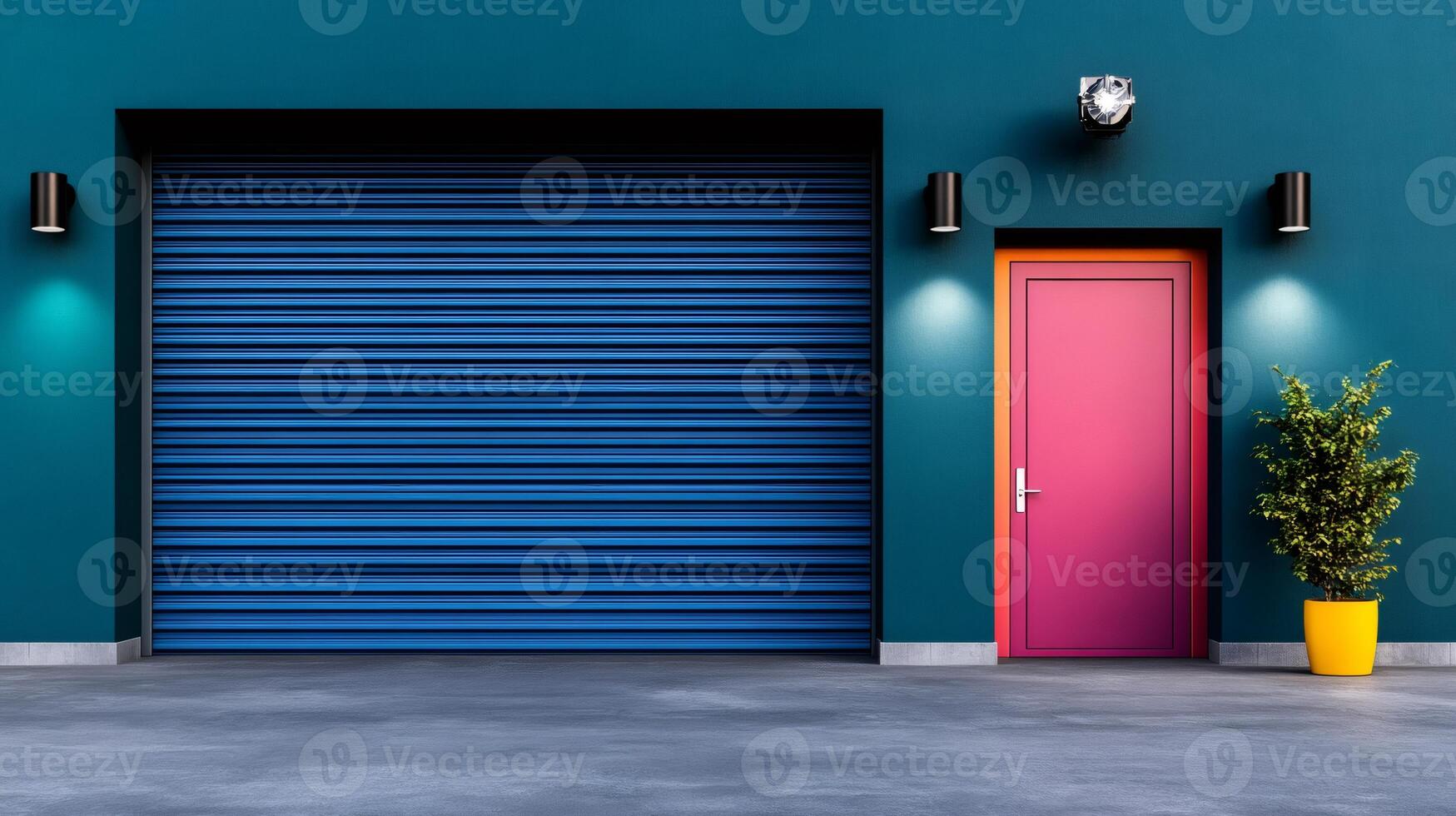 Colorful garage door and pedestrian door creating a modern architectural design photo