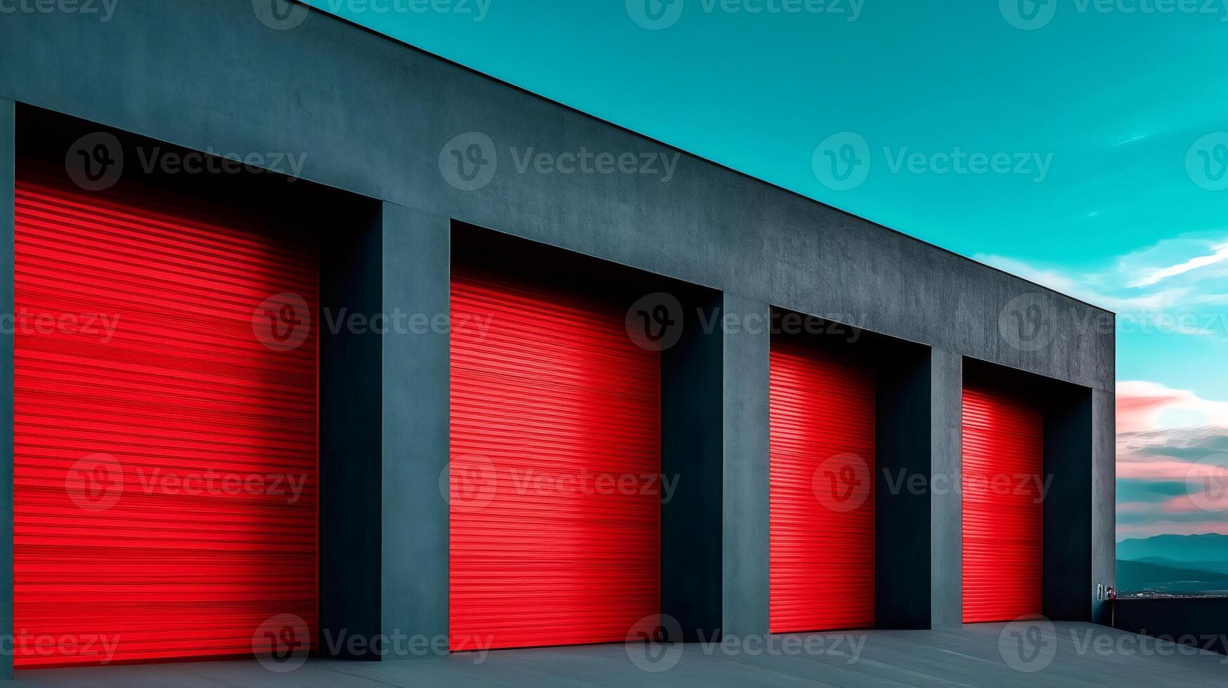 Four red loading dock doors of a modern industrial building at sunset photo