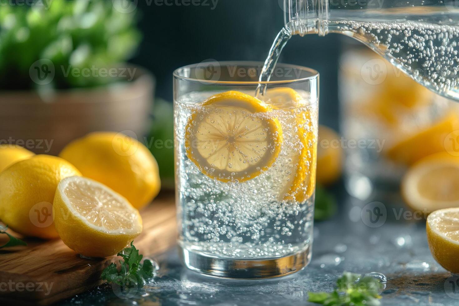 Bartender pouring sparkling water into glass with lemon slices, refreshing summer drink photo